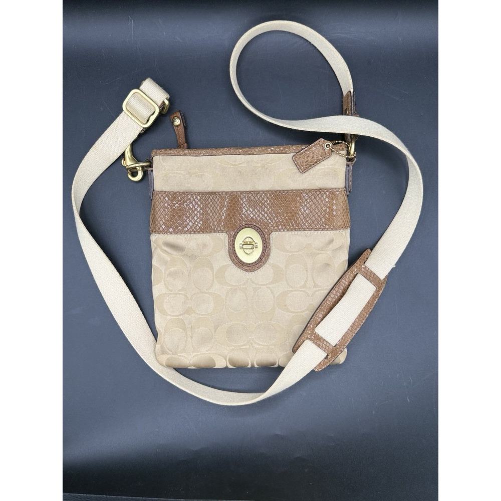 COACH Peyton Signature Khaki Canvas‎ Snakeskin Python Turnlock Swing Pack Bag